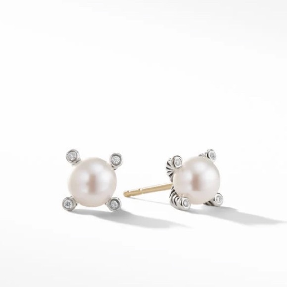 David Yurman Jewelry - David Yurman Cable Pearl Stud Earrings in Sterling Silver with Diamonds